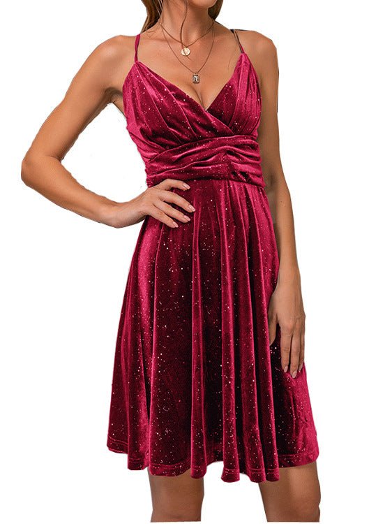 Women's Dresses Glitter V-Neck Strap Gold Velvet Dress