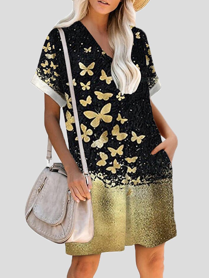 Women's Dresses Printed V-Neck Pocket Short Sleeve Dress