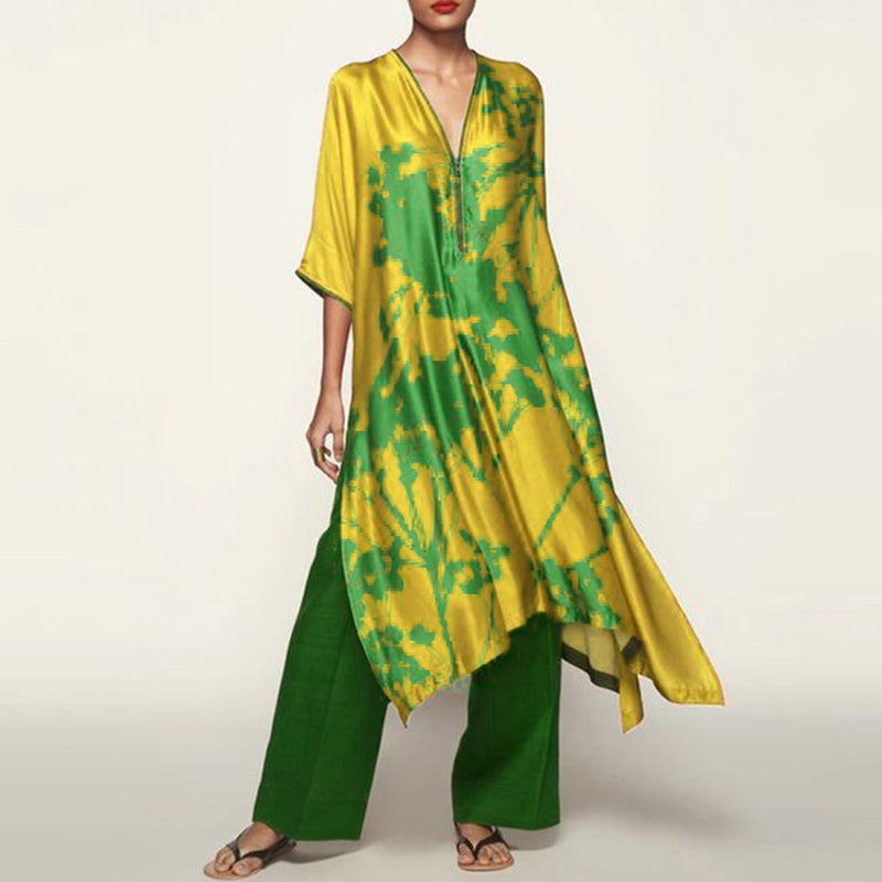 Loose Casual Color Block V Neck Printed Two-piece Set