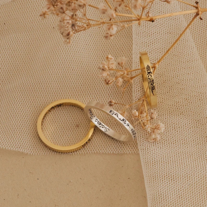 Thin Custom Ring with Engraved Flowers
