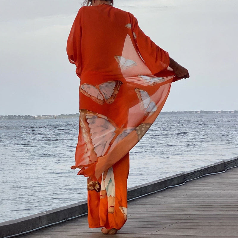 Butterfly Printed Swing Kimono & Pants Two-piece Set