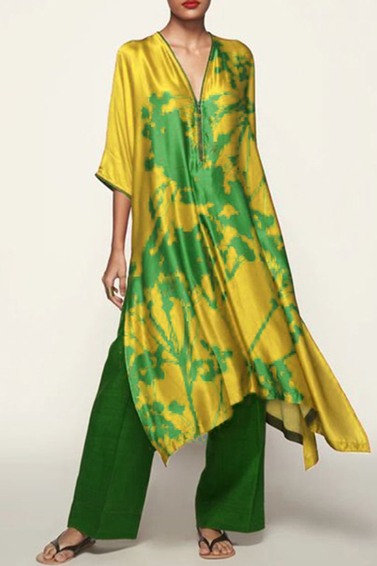 Loose Casual Color Block V Neck Printed Two-piece Set