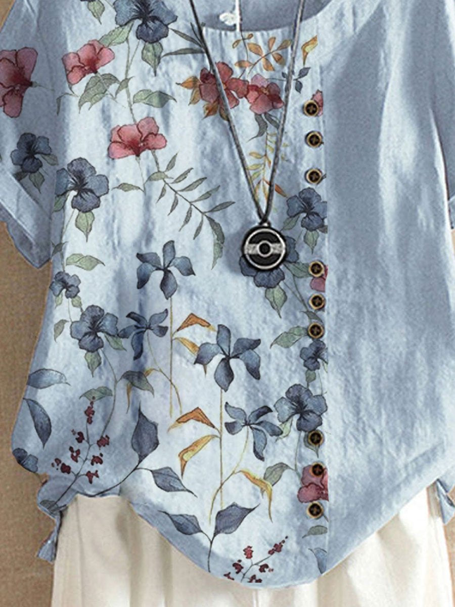 Floral Print Crew Neck Loose Short Sleeve Blouse Set