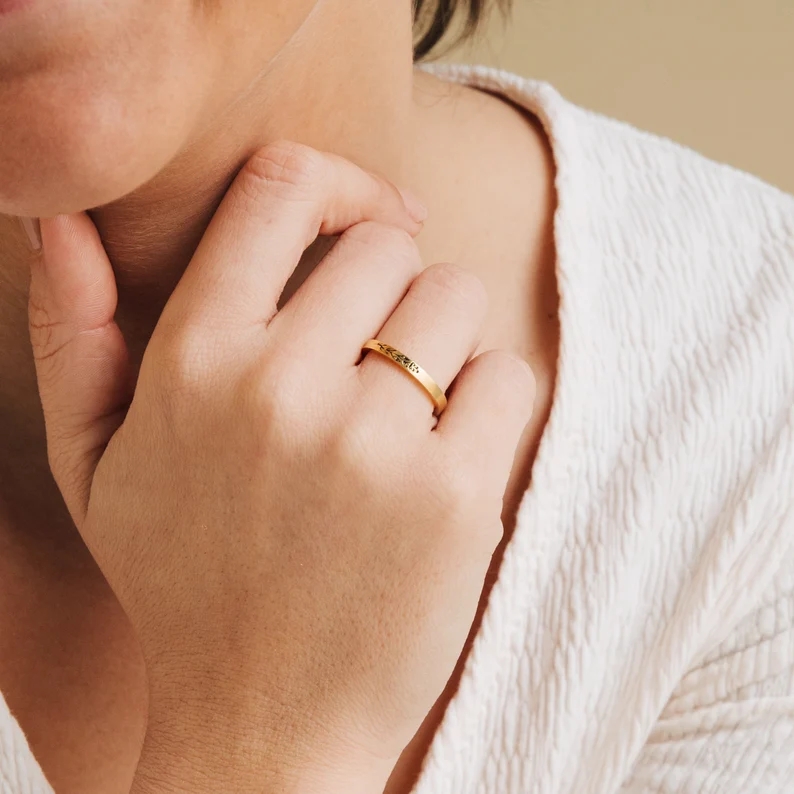 Thin Custom Ring with Engraved Flowers