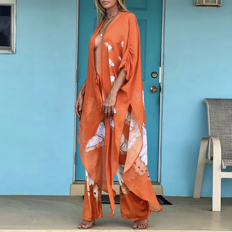 Butterfly Printed Swing Kimono & Pants Two-piece Set