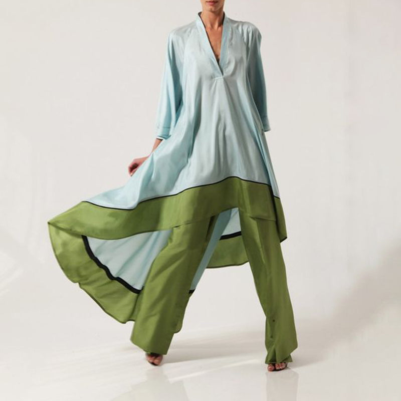 Color Block Paneled V Neck 3/4 Sleeve Two-piece Set