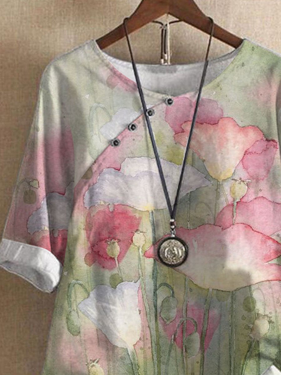 Summer Watercolor Poppy Print Casual Short Sleeve Blouse Set
