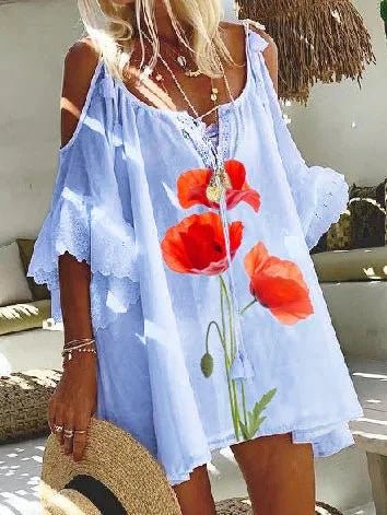 Women's Dresses Loose Printed Off-the-Shoulder Belted Dress
