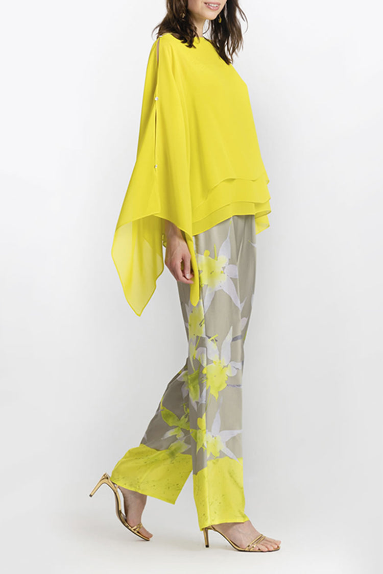 Solid Color Blouse Floral Printed Pants Two-piece Set