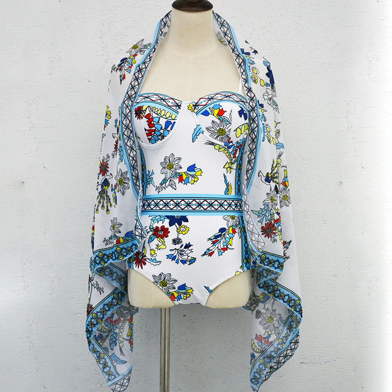 2Pack Floral Sexy One Piece Swimsuit and Cover Up