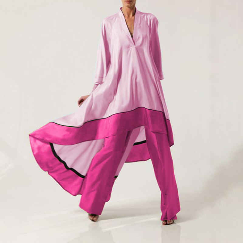 Color Block Paneled V Neck 3/4 Sleeve Two-piece Set