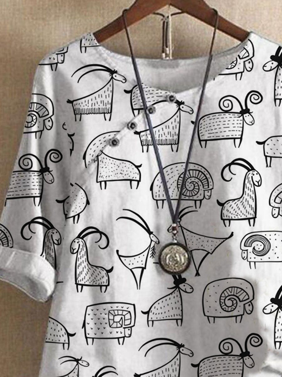 Cartoon Cute Sheep Print Casual Short-sleeved Blouse Set