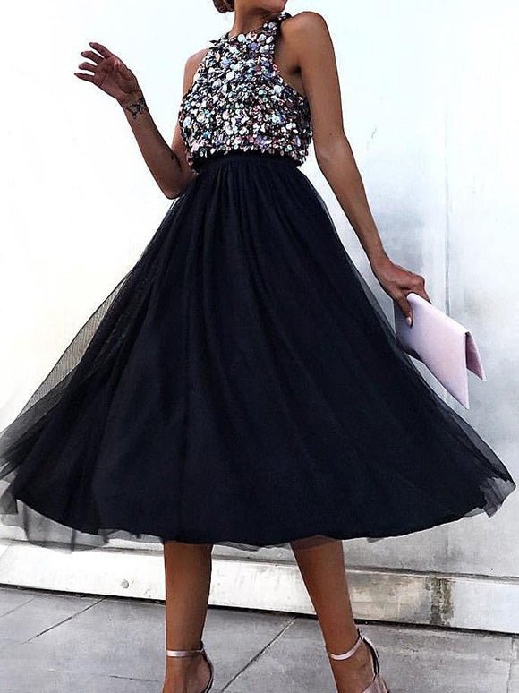 Women's Dresses Mesh Halter Sequin Sleeveless Dress