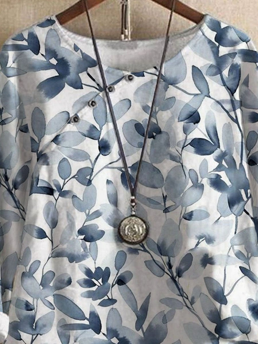 Round Neck Leaf Print Loose Long Sleeve casual blouse Set