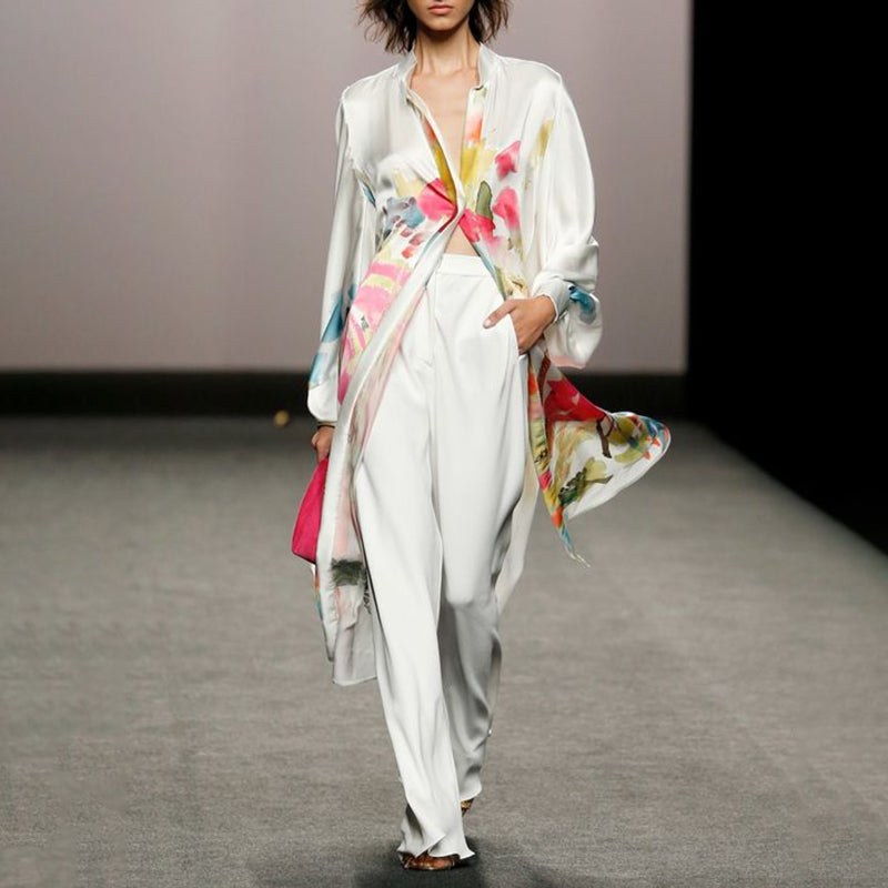 Vchics Floral Long SLeeve Kimono And Pants Two-piece Set