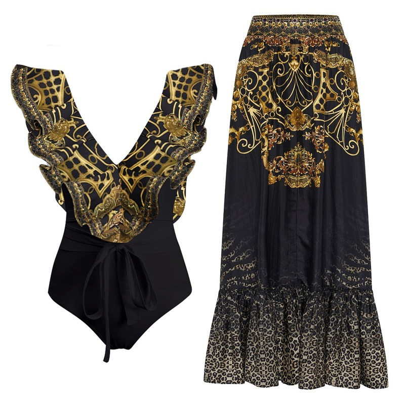 Ruffle Printed One Piece Swimsuit and Cover Up (Shipped on Apr 30th)