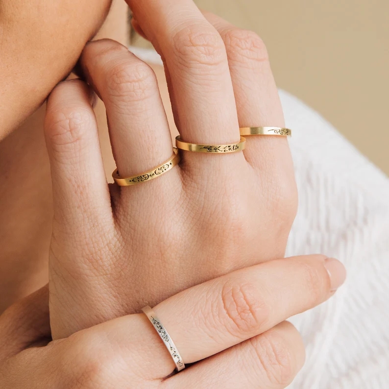 Thin Custom Ring with Engraved Flowers