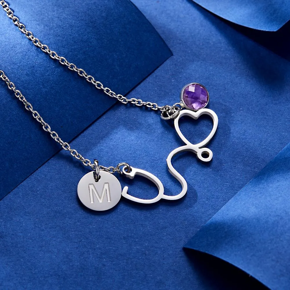 Custom Birthstone Alphabet Necklace with Stethoscope and Heart – Personalized Gifts