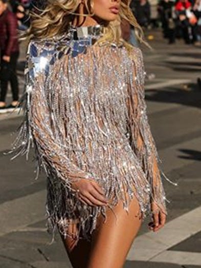 Women's Dresses Sequined Sparkly Open Back Fringed Dress