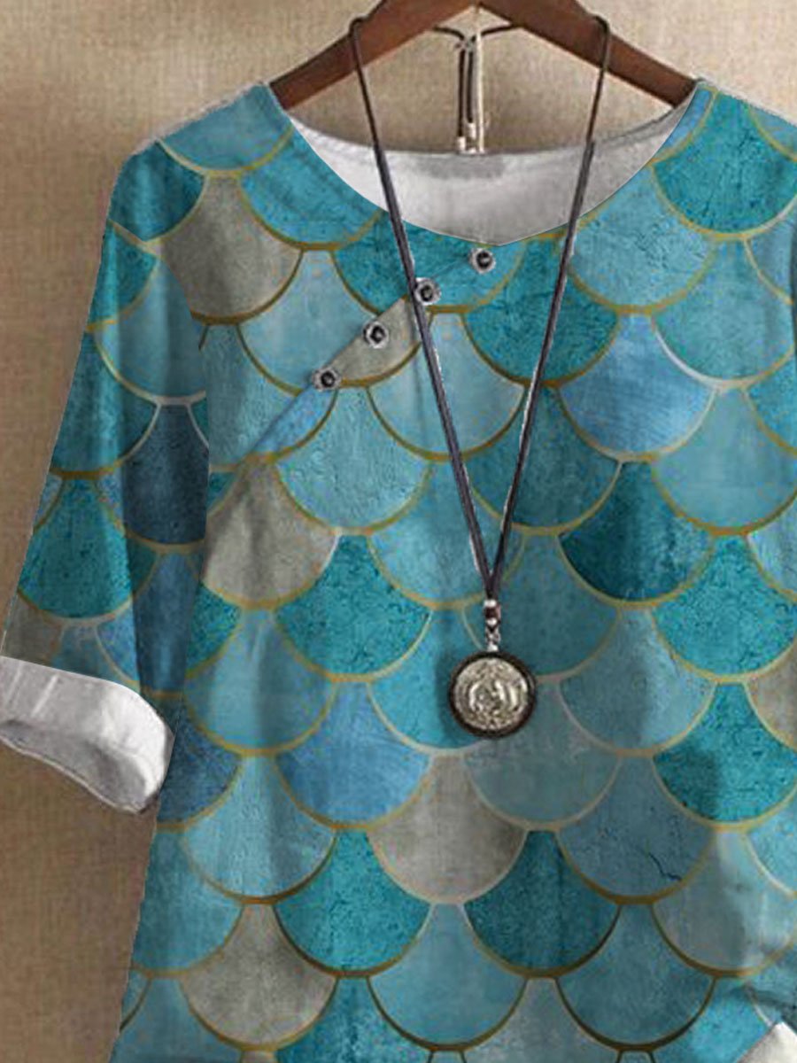 Vintage Geometric Print Casual Short Sleeve Blouse Set