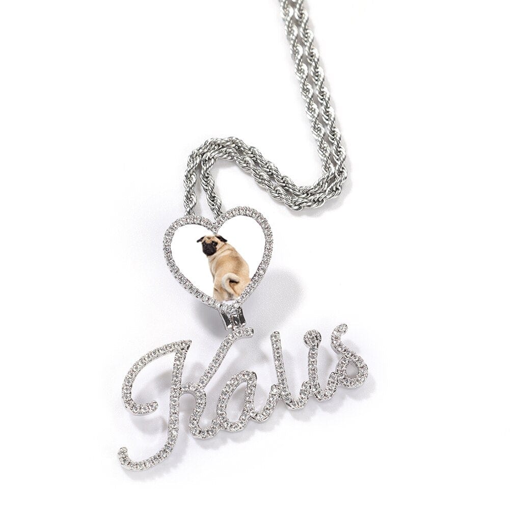 Heart Shaped Memory Photo Pendant Necklace With Attached Nameplate