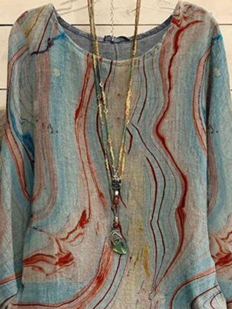 Vintage Line Art Long Sleeve Casual Crew Neck Blouse Set