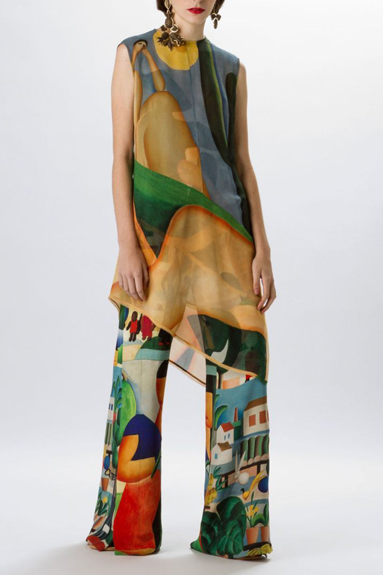 Sleeveless Asymmetric Tunic Print Pants Two-piece Set