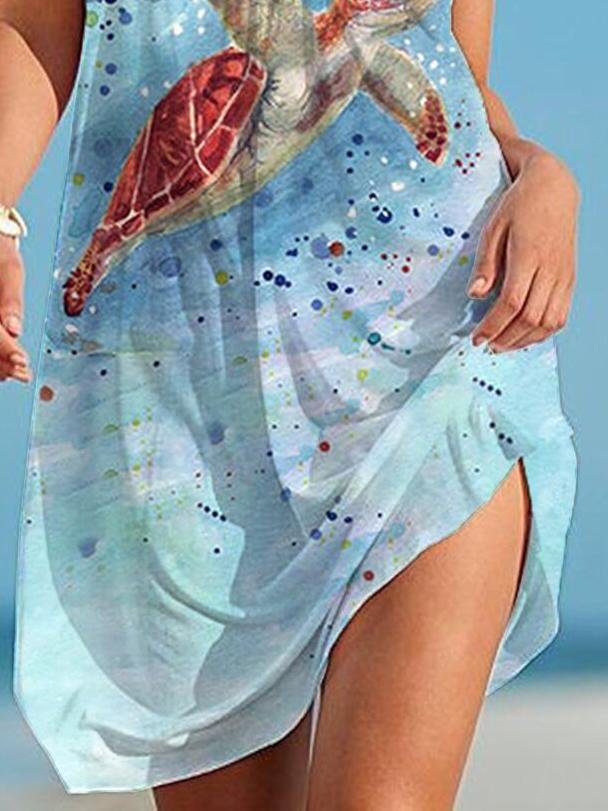 Underwater Animal Turtle Cartoon Print Suspender Casual Dres