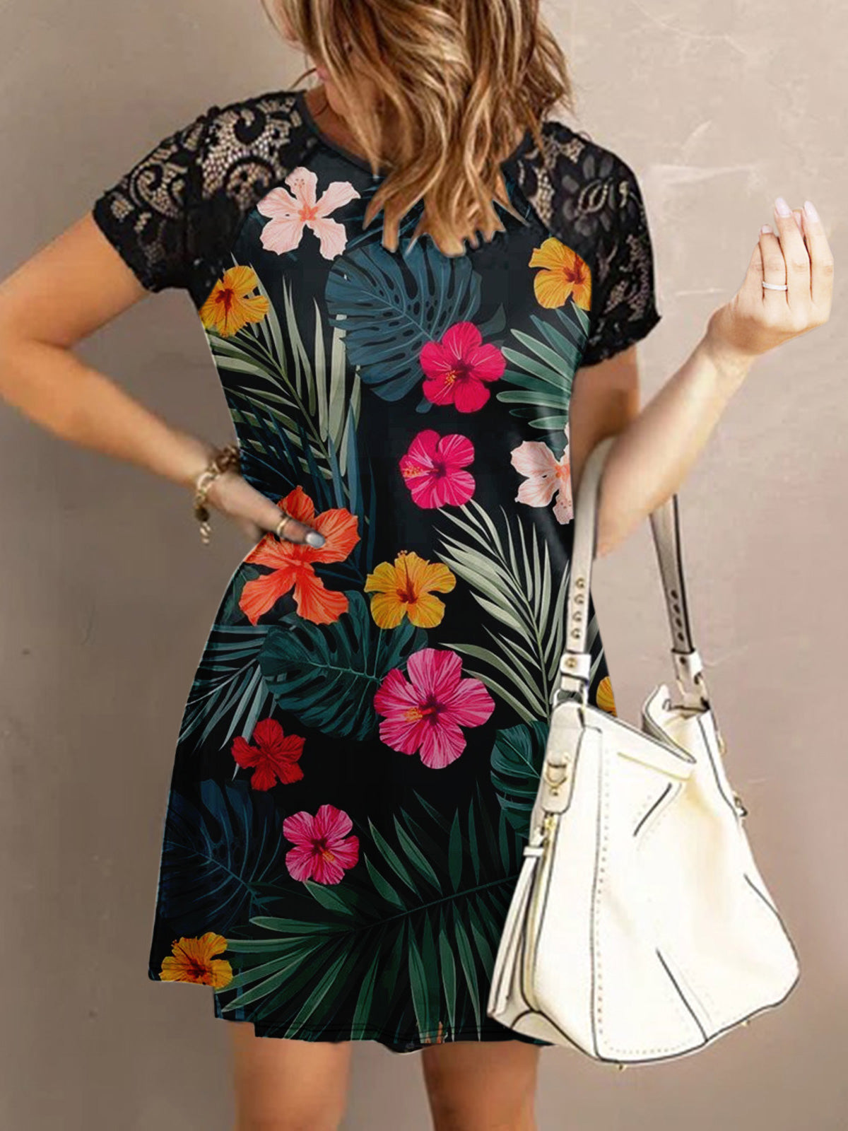 Women's Dresses Crew Neck Lace Panel Short Sleeve Dress