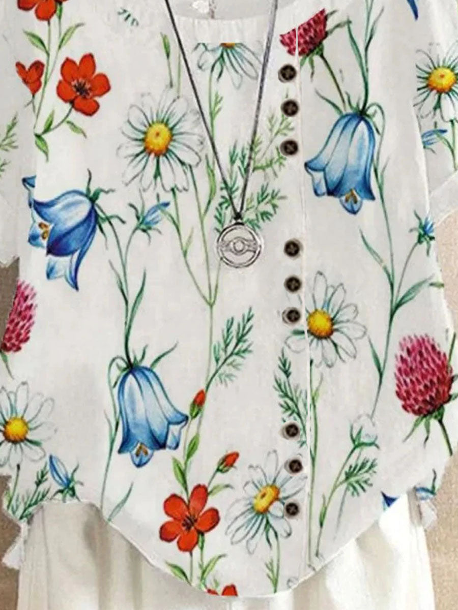 Crew Neck Floral Print Casual Short Sleeve Blouse Set