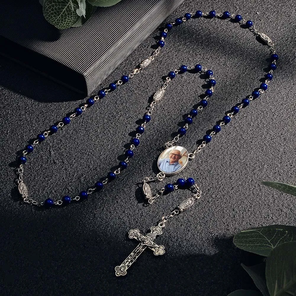 Custom Rosary Beads Cross Necklace – Personalized Blue Imitation Pearls with Photo Pendant