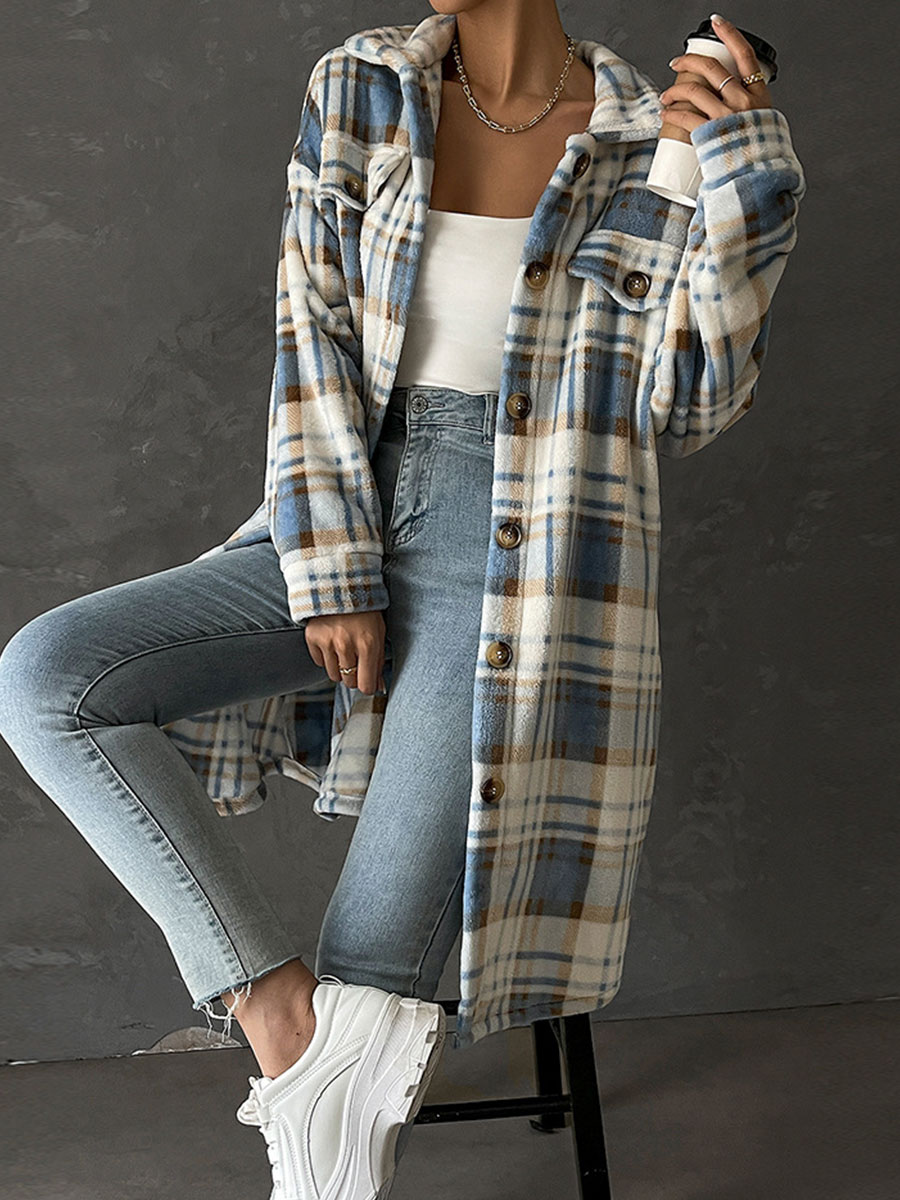 Plaid Long Sleeve Mid Length Casual Lapel Jacket
