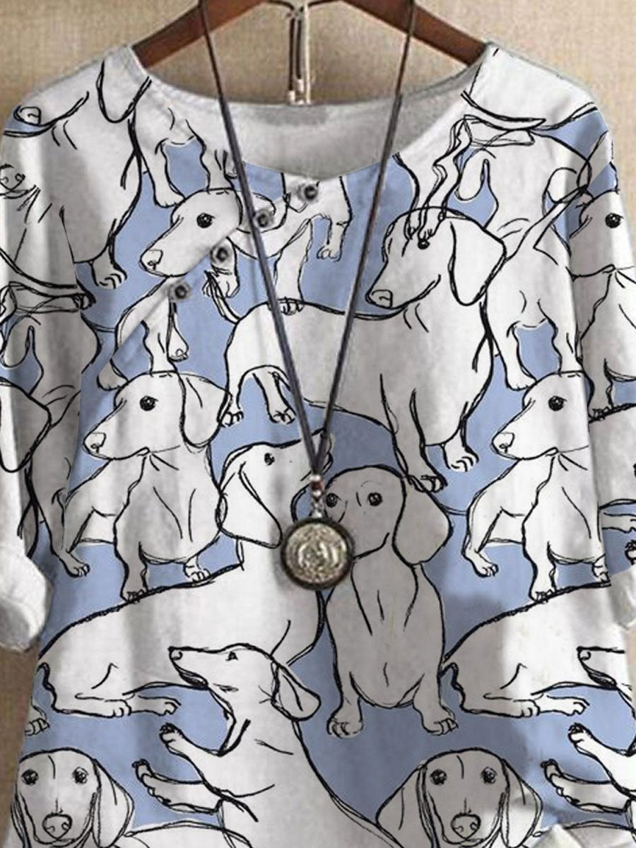 Summer Cute Dachshund Print Casual Short Sleeve Blouse Set