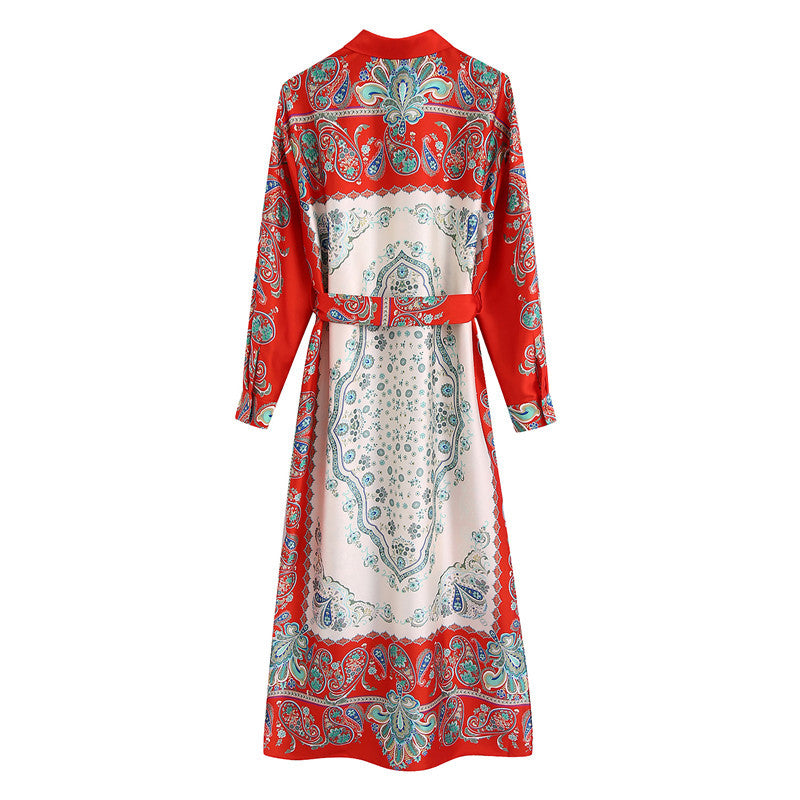 Shirt Style Long Sleeve Belt Printed Dress