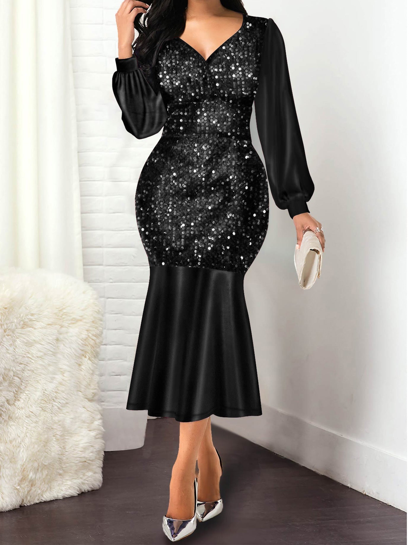 Women's Dresses V-Neck Spliced Shiny Long Sleeve Mermaid Dress