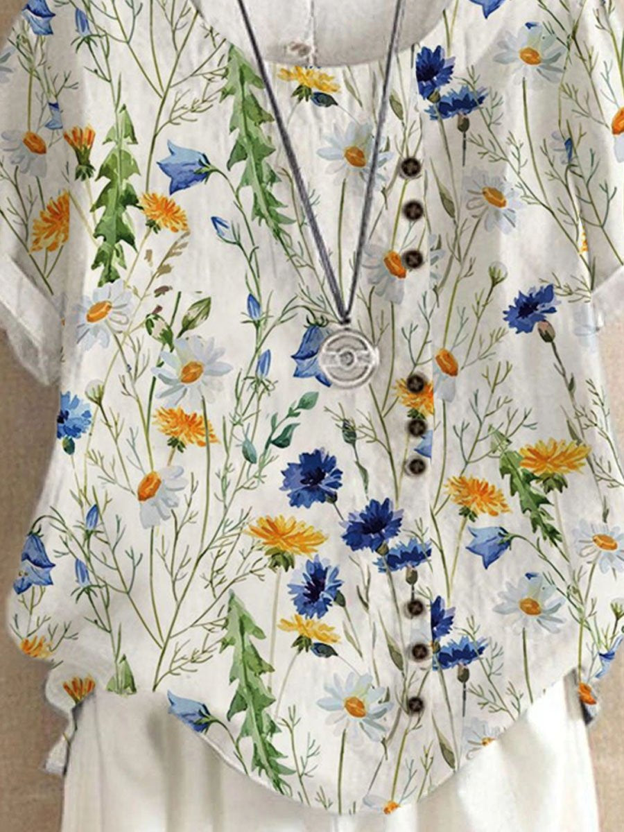 Pretty Botanical Print Loose Short Sleeve Blouse Set