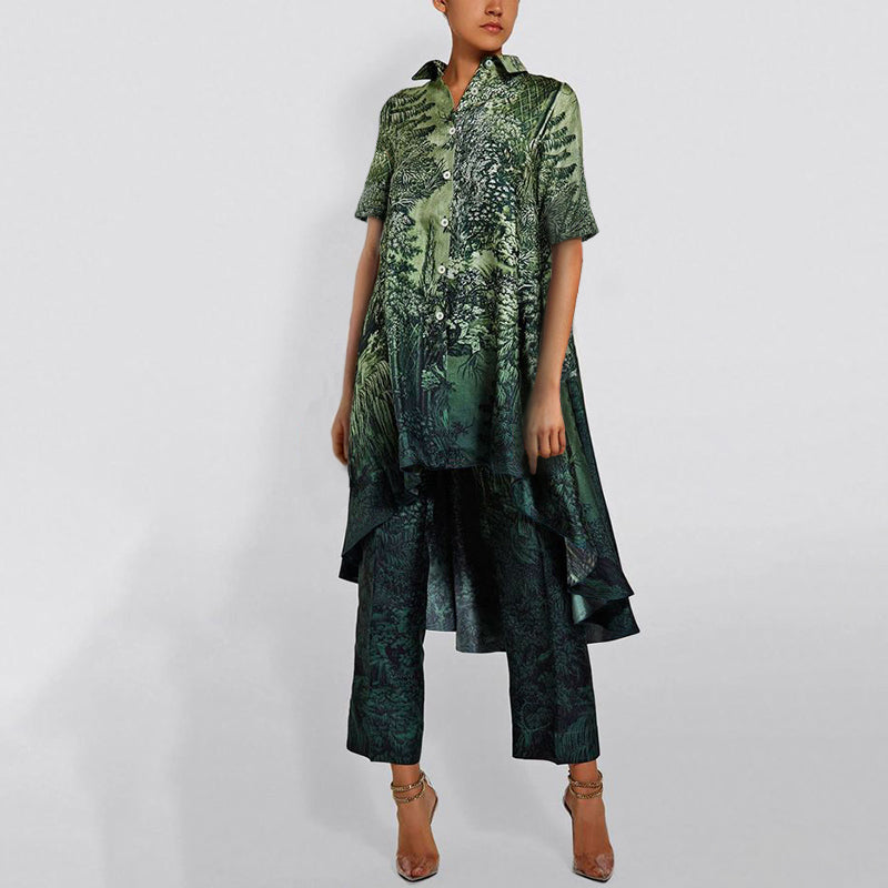 Printed Irregular Hem Short Sleeve Two-piece Set