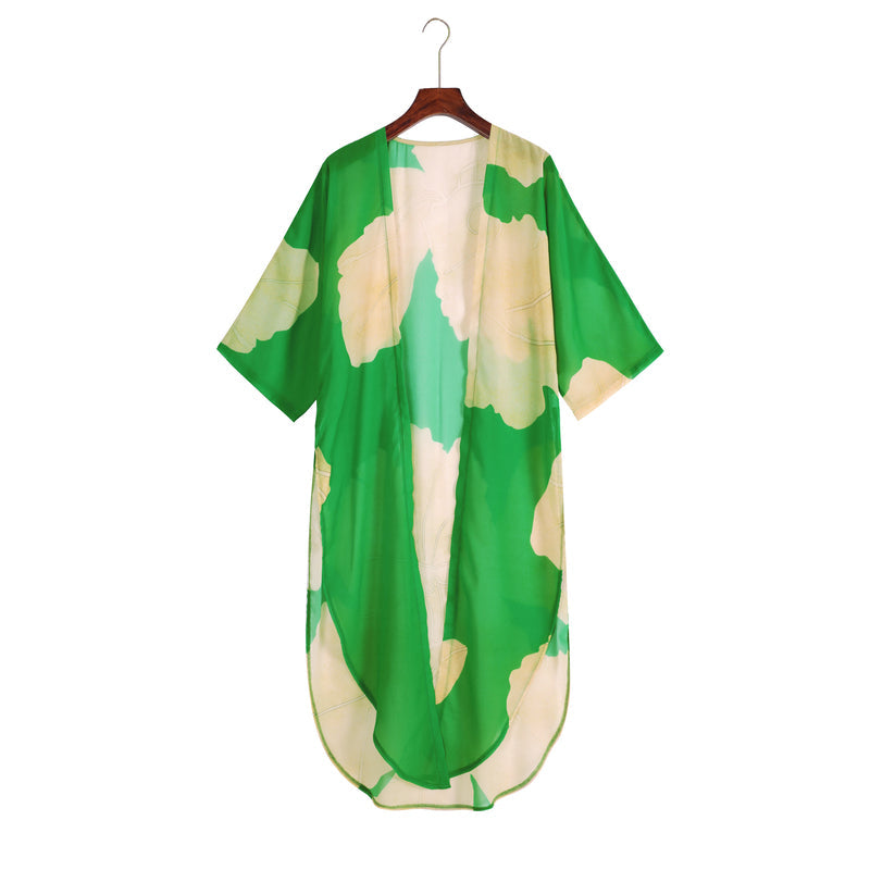 Printed Side Slit Chiffon Beach Cover Up and Elastic Waist Pants