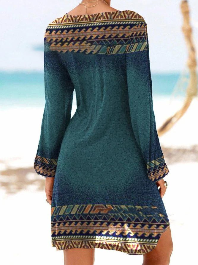 Women's Dresses Vintage Geometric Print Hollow Long Sleeve Dress