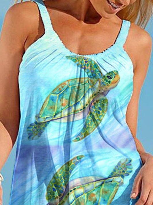 Underwater Animal Turtle Cartoon Print Suspender Casual Dres