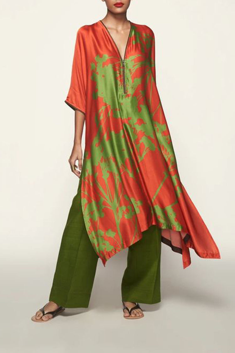 Zipper V Neck Color Block Printed Two-piece Set