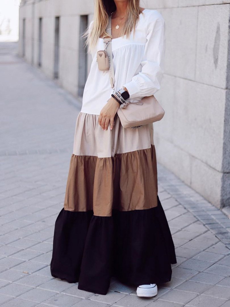 Women's Dresses Colorblock Long Sleeve Casual Maxi Dress