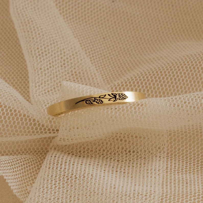 Thin Custom Ring with Engraved Flowers