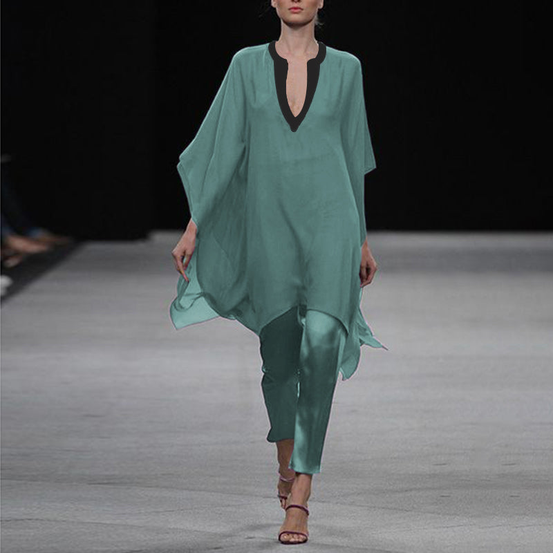 V Neck Green Swing Irregular Holiday Two-piece Set