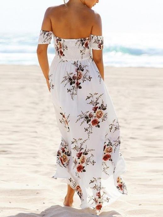 Fashion Floral Printed Off Shoulder Short Sleeve Maxi Dress