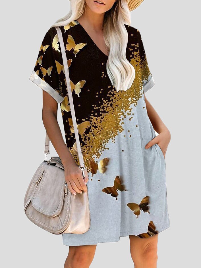 Women's Dresses Printed V-Neck Pocket Short Sleeve Dress