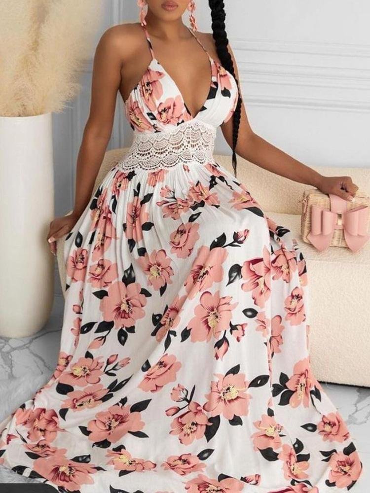 Halter Floral Print Crisscross Backless Maxi Dress