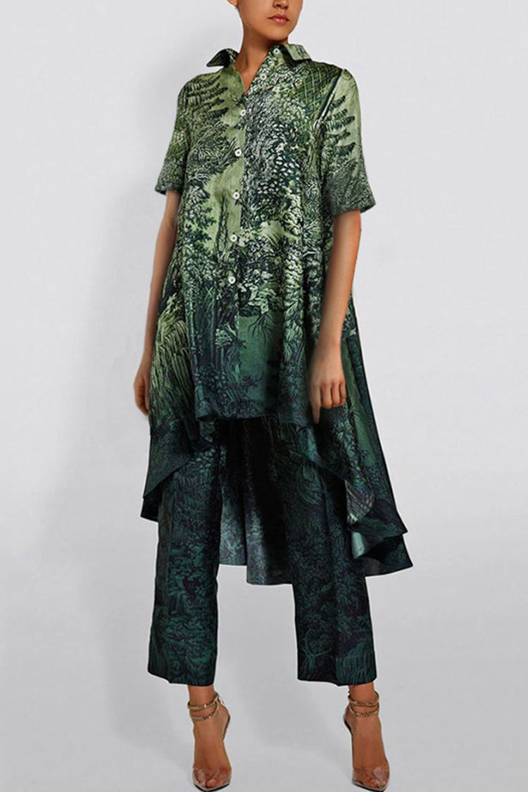 Printed Irregular Hem Short Sleeve Two-piece Set