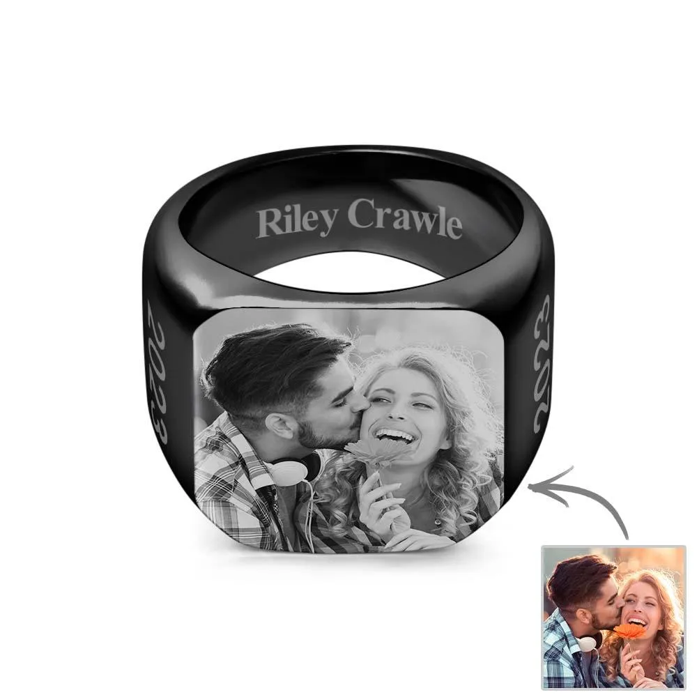 Custom Engraved Personalized Photo Square Ring – Unique Gift for Men