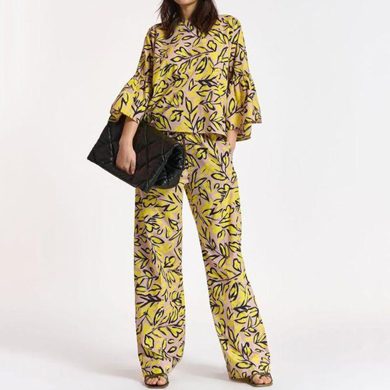 Leaf Printed Bell Sleeve Blouse & Pants Two-piece Set